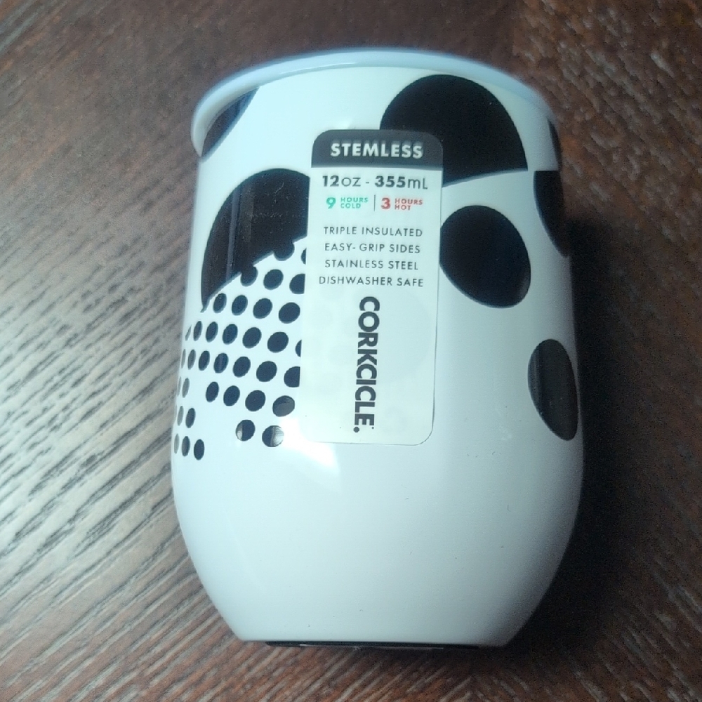 Brand New Corkcicle Black and White Polka Dot Stemless Tumbler!